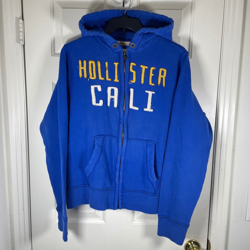 Hollister Cali Logo Full Zip Fleece Hoodie Long Sleeve Mens XL Blue READ - Picture 2 of 8